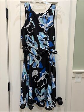 Elle Black Floral Sleeveless Dress with Blue & White Floral Print Size 12